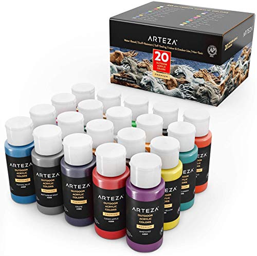 Arteza Peinture acrylique d'extérieur, lot de 20 couleurs/tubes (59 ml, 2 oz.) avec boîte de...