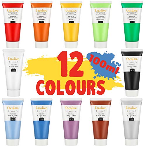 Creative Deco Peinture Acrylique Kit 12 x 100 ML | Set de 12 Couleurs | 100 ML Tubes | Effet Mate |...